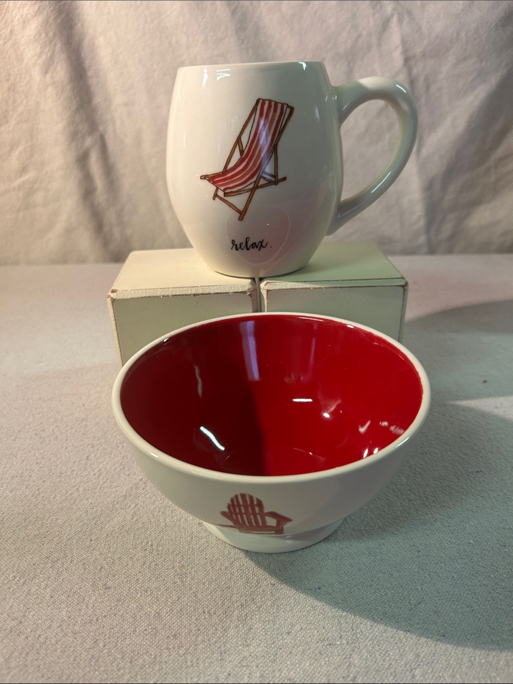 Rae Dunn White Ceramic Mug and Red-Interior Bowl Set